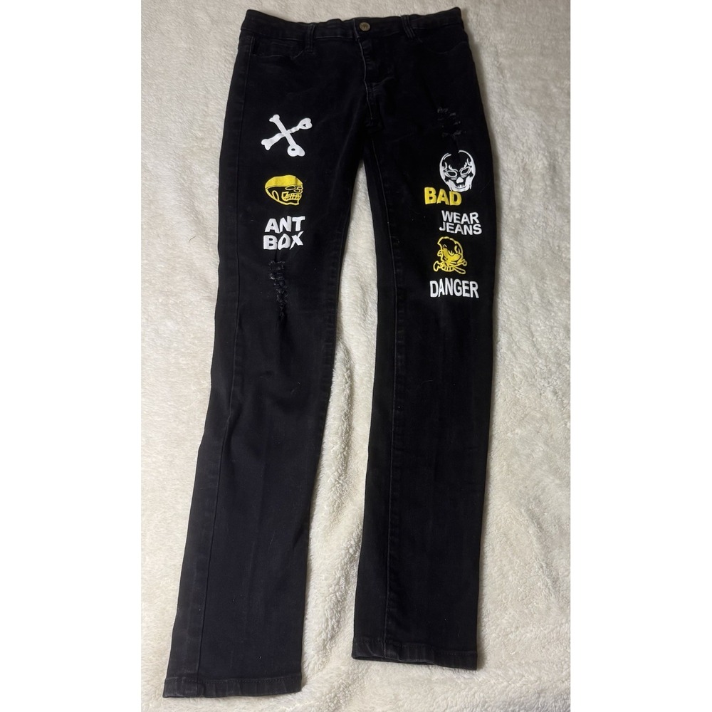 Hungson Size 16 Black Distressed Graphic Jeans Skull Bones Y2K Punk Streetwear
